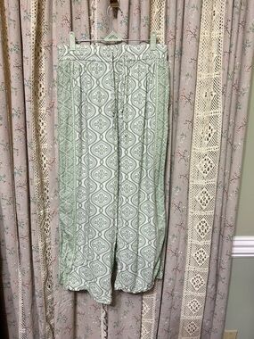 Marigold by Victoria Dunn Green Block Print Lined Wide Leg Pants w/ Pockets L